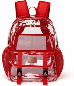 a clear backpack with red ears