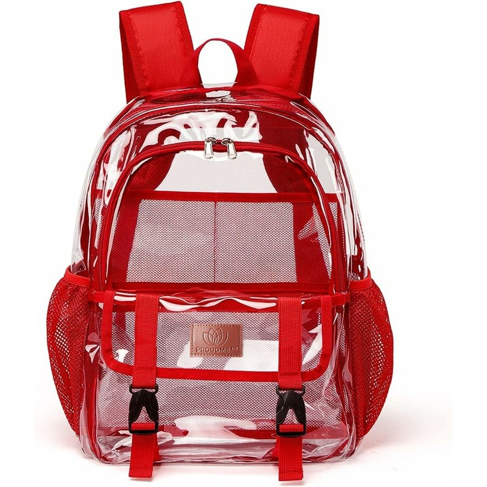 PROUDME Large Clear Bag Stadium Approved Heavy Duty PVC Transparent Clear Backpack Trendy Girls School Bag suitable for men and women Red PROUDME