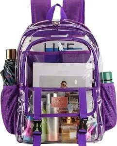 PROUDME Large Clear Bag Stadium Approved Heavy Duty PVC Transparent Clear Backpack, Trendy Girls School Bag suitable for men and women Purple