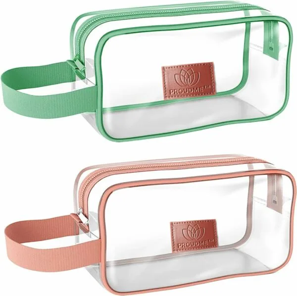 PROUDME Clear Makeup Cosmetic Bag for Travel Toiletry Organizer with Zipper Portable Green, Pink (Pack of 2)